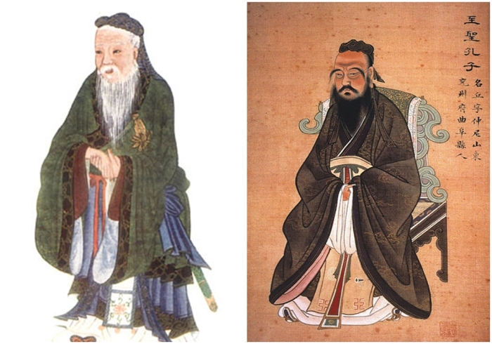 Слева направо: Конфуций (рисунок из книги «Мифы и легенды Китая». \ Конфуций.