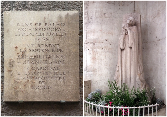 Слева направо: К оправданию Жанны дАрк, памятная доска, Руан. \ Памятник у места казни Жанны (Максим Реаль дель Сарт, 1928 год).