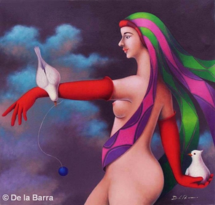 Укротительница птиц (Domadora de aves). Автор: современный перуанский художник Хосе де ла Барра (Jose De la Barra). 