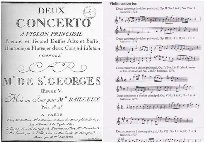 Слева направо: Титульный лист концертов соч. V, Сен-Жорж. \ 14 концертов для скрипки, Сен-Жорж.