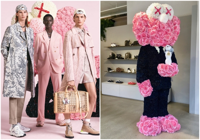 Слева направо: Рекламная кампания Мужской одежды Dior Весна/Лето 2019 год, KAWS и Ким Джонс. \ Фигура «Companion» из цветов.