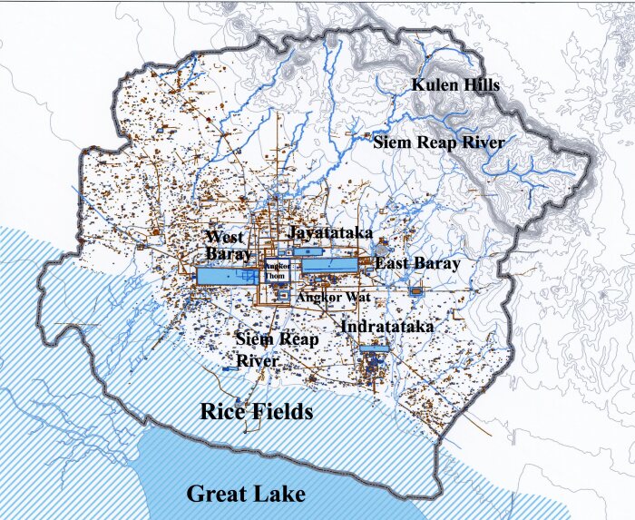 Карта водных путей и объектов Ангкора. \ Фото: ancientwatertechnologies.com.