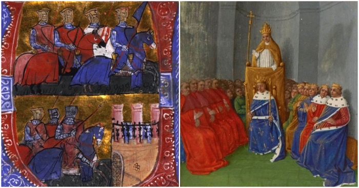 Слева направо: Отправление в Первый крестовый поход, XIII век. \ Папа Урбан II, проповедующий Первый крестовый поход, в Великих хрониках Франции, освещённых Жаном Фуке, ок. 1455-60 гг.