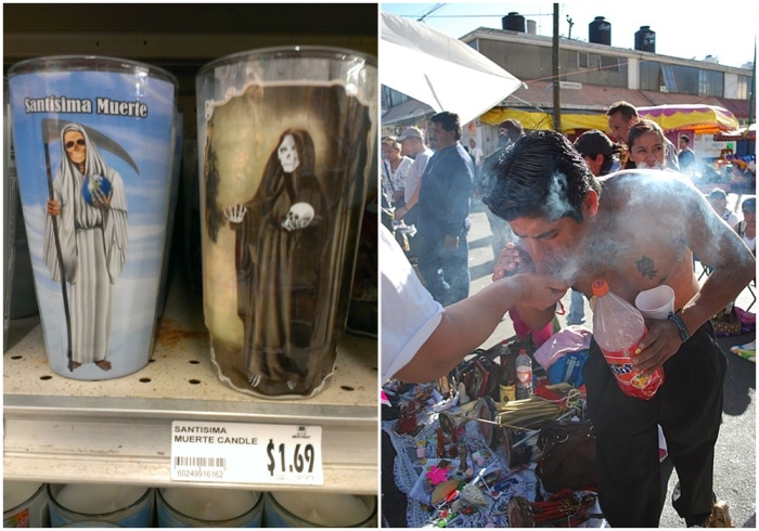 Слева направо: Обетные свечи Санта-Муэрте в продуктовом магазине в пригороде Вашингтона, округ Колумбия. \ Мужчина пускает дым на миниатюрное изображение Санта Муэрте.