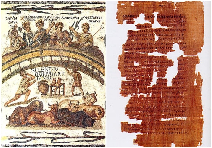 Слева направо: Мозаика (220-250 годы нашей эры) из Эль-Джема, Тунис (Римская Африка), с надписью на латыни. \ Первая страница Евангелия от Иуды в коптском кодексе Чакос (III-IV века нашей эры). 
