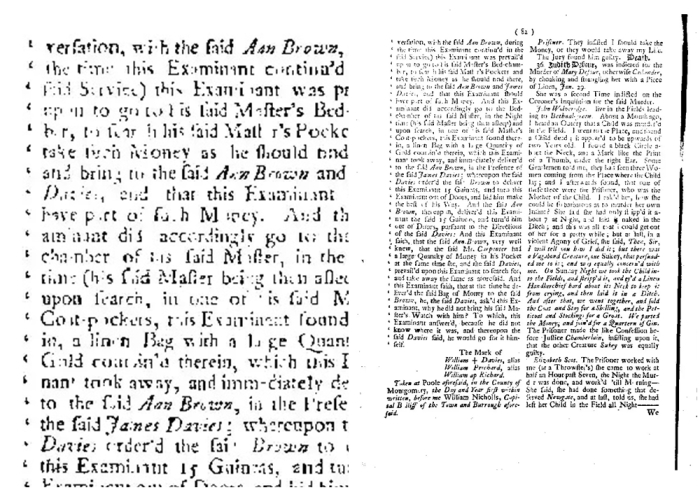 Подробности судебного разбирательства по делу Джудит Дефур, 1734 год.