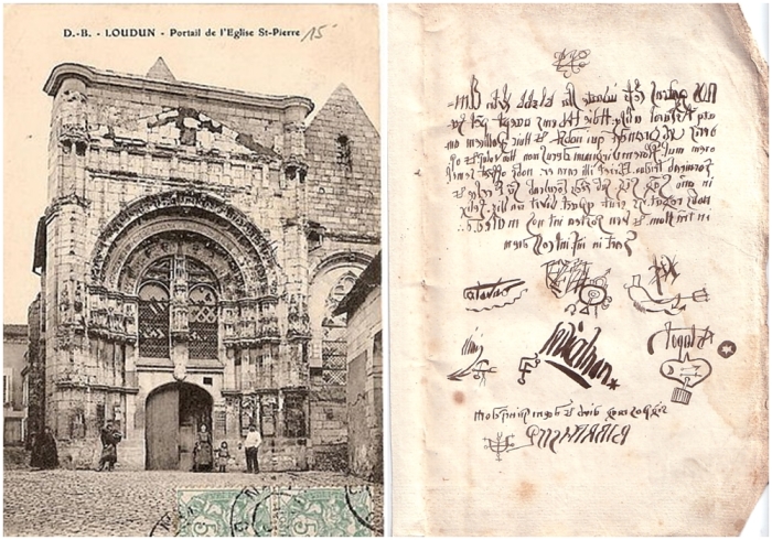 Слева направо: Церковь Святого Петра, Лудён. \ Предполагаемый договор Грандье с дьяволом.