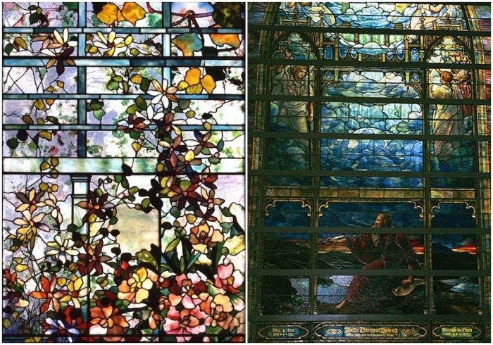 Слева направо: Пионы, клематисы и решётчатое окно от Tiffany Studios, около 1910 года. \ «Священный град» — Пресвитерианская мемориальная церковь Брауна, Балтимор.