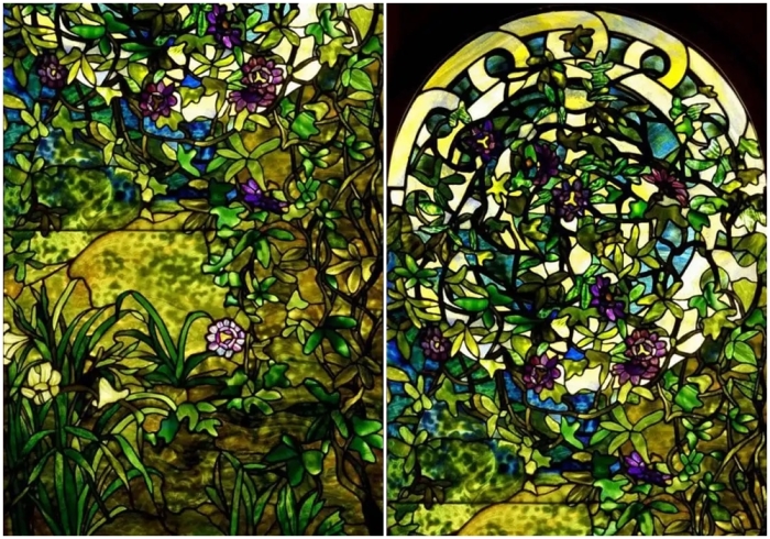Фрагменты с лилиями и страстоцветами от студии Tiffany, около 1910 года.