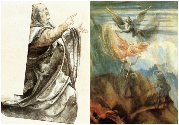 Слева направо: Обвиняющая ханжа, Маттиас Грюневальд. \ Рождество Христово (фрагмент), Маттиас Грюневальд.