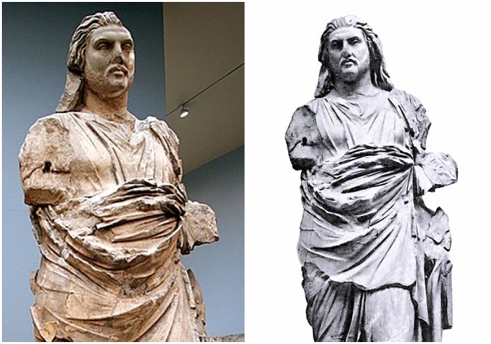 Слева направо: Современная фотография. \ Фотография начала ХХ века (статуя правителя Гекатомнидов из Галикарнасского мавзолея, традиционно идентифицируемого как Мавсол (Британский музей).