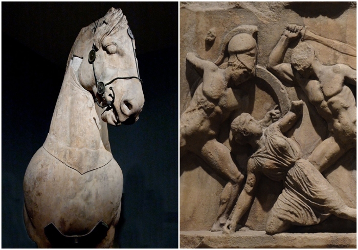 Слева направо: Фрагмент лошади из колоссальной квадриги мавзолея в Галикарнасе, около 350 года до нашей эры. \ Деталь фриза с изображением амазонок из Галикарнасского мавзолея, изображающая конфликт между греками и амазонками.