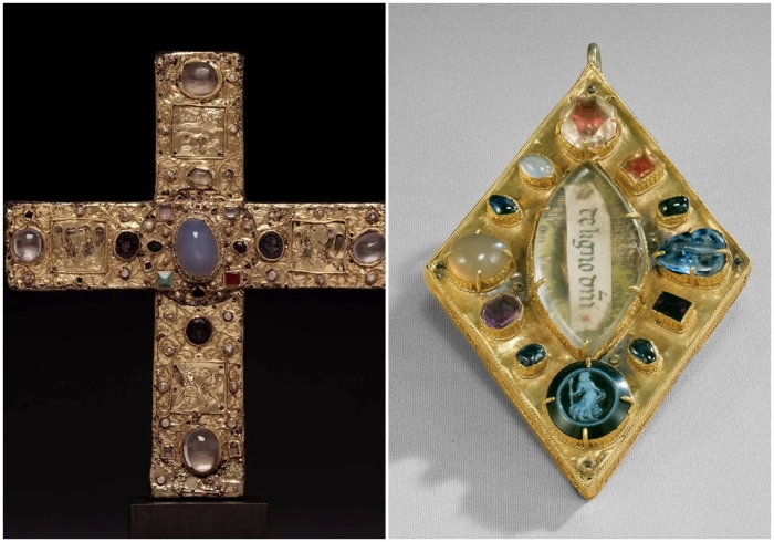 Слева направо: Церемониальный крест графа Людольфа. \ Подвеска, якобы принадлежавшая Карлу Великому.