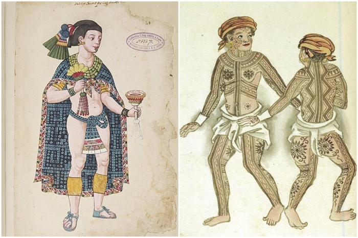 Форма набедренной повязки, которую носили с накидкой, около 1500 года. \ Висайцы (либо дворяне, либо воины) Филиппин намеренно носят только набедренные повязки (бахаг), чтобы продемонстрировать традиционные татуировки на всё тело, около 1590 года.