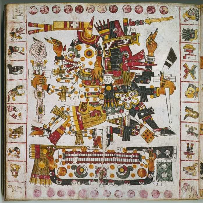 Ацтекские боги Миктлантекухтли (слева) и Эхекатль (справа) на стр. 56 Кодекса Борджиа, 1250-1521 гг. \ Фото: pinterest.com.