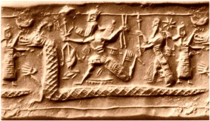 Оттиск печати новоассирийского времени, предположительно изображающий сцену убийства Тиамат. \ Фото: wikipedia.org.