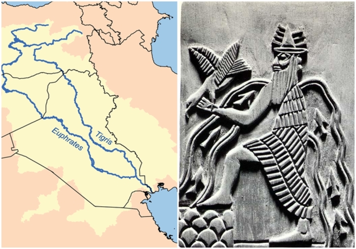 Слева направо: В шумерской мифологии река Тигр была создана богом Эа (Энки). \ Эа — один из трёх великих богов.