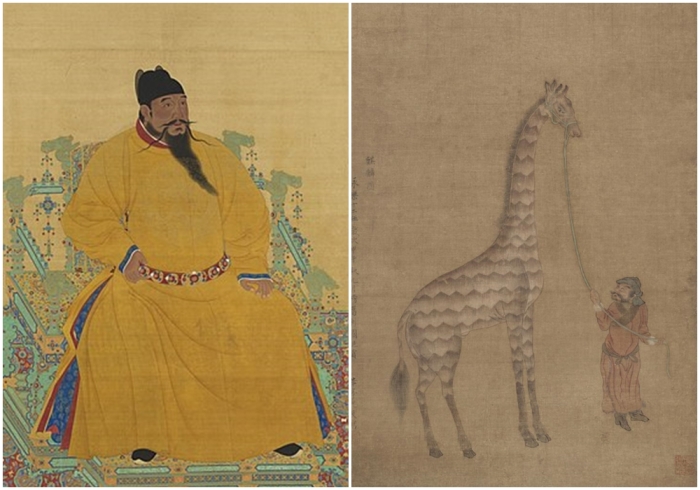 Слева  направо: Портрет императора Юнлэ. \ Африканский жираф, родом из Малинди, был подарен императору Юнлэ бенгальским правителем в 1414 году.