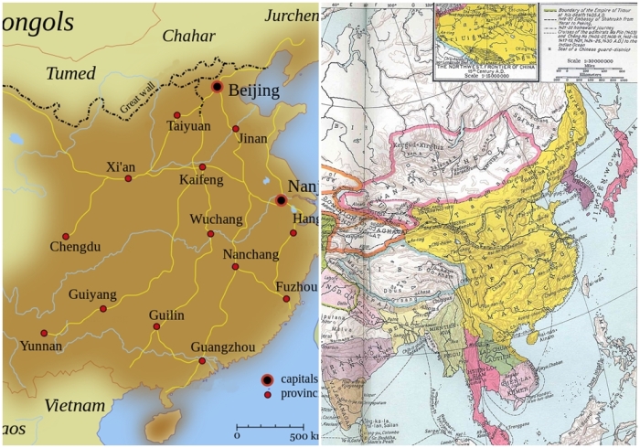 Слева направо: Династия Мин в Китае около 1580 года. \ Китай эпохи Мин в 1415 году во время правления императора Юнлэ.