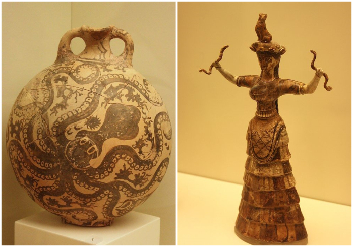 Слева направо: Минойская ваза в морском стиле. \ Минойская богиня-змея, Кносс.