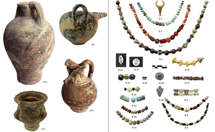Слева направо: Археологические находки: Минойские сосуды. \ Минойские украшения.