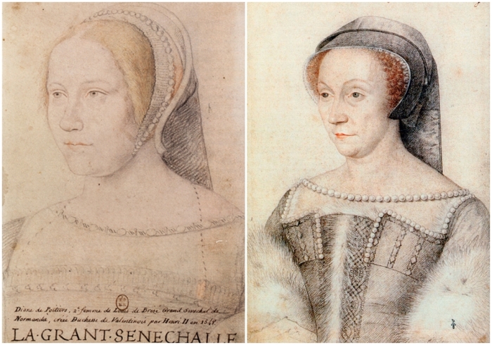 Слева направо: Диана де Пуатье. \ Портрет Дианы Пуатье, 1555 год, художник Франсуа Клуэ.