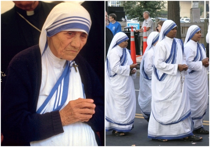 Слева направо: Мать Тереза в Бонне (13 июля 1986 года). \ Миссионерки милосердия в традиционных сари.