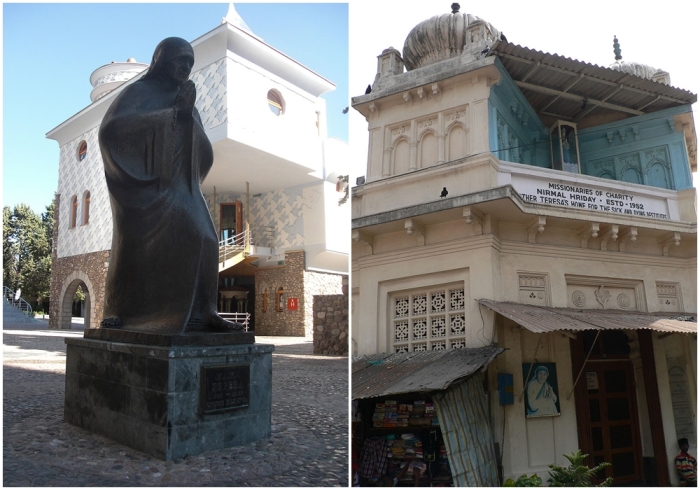 Слева направо: Памятник матери Терезе в родном городе Скопье. \ Нирмал Хридай, Калькуттский хоспис Матери Терезы, в 2007 году.