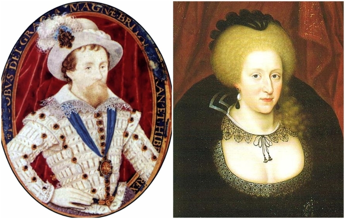 Слева направо: Портрет Якова I после восшествия на английский престол, Николас Хиллиард. \ Анна Датская, жена короля Якова VI.