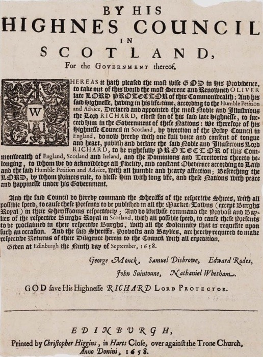 Прокламация, объявляющая о смерти Оливера Кромвеля и наследовании Ричардом Кромвелем поста лорда-протектора, 1658 год. \ Фото: historic-uk.com.