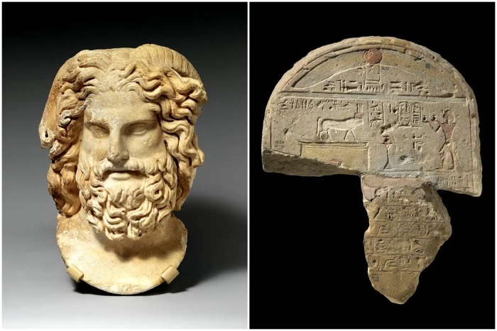 Слева направо: Мраморная голова Зевса-Аммона, 120-160 гг. н.э. \ Александр Македонский в роли фараона, предлагающий вино Священному Быку, конец IV века до н.э.