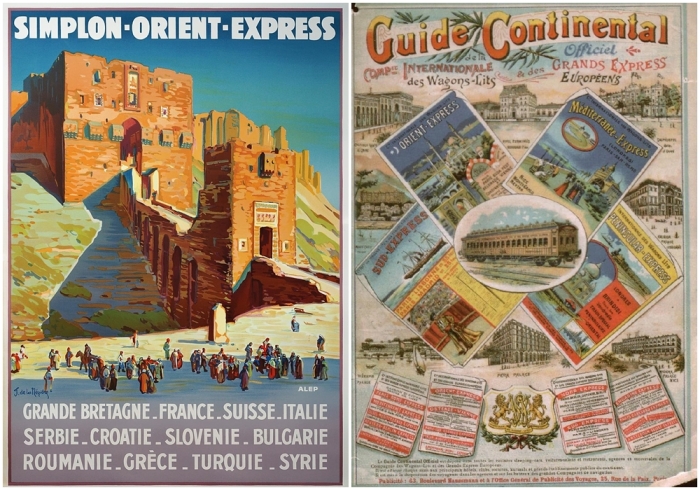 Слева направо: Рекламный плакат Simplon-Orient-Express работы Жозефа де Незьера. \ Гид 1901 года.