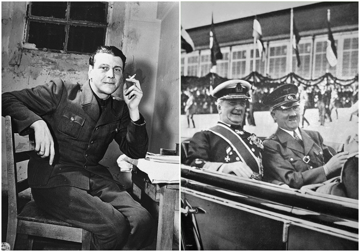 Слева направо:  Скорцени в качестве свидетеля на Нюрнбергском процессе, ноябрь 1945 год. \ Миклош Хорти и Адольф Гитлер в 1938 году.