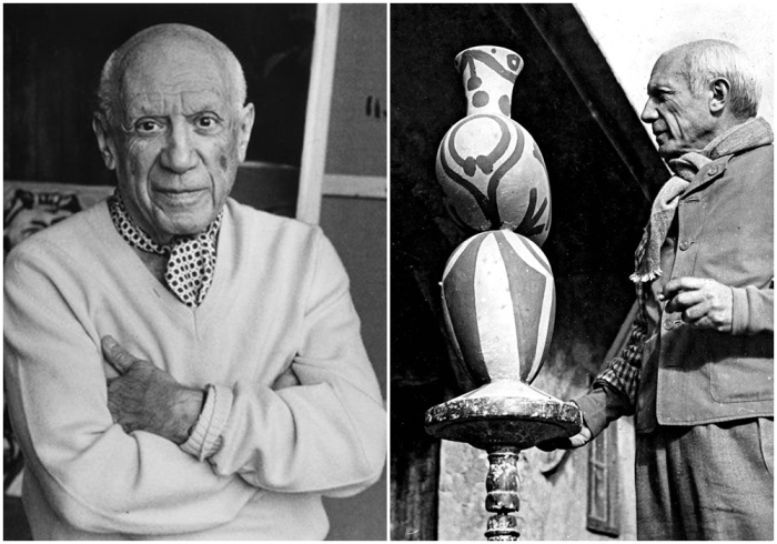 Слева направо: Пабло Пикассо. \ Пабло Пикассо с одним из своих керамических произведений, 1948 год.