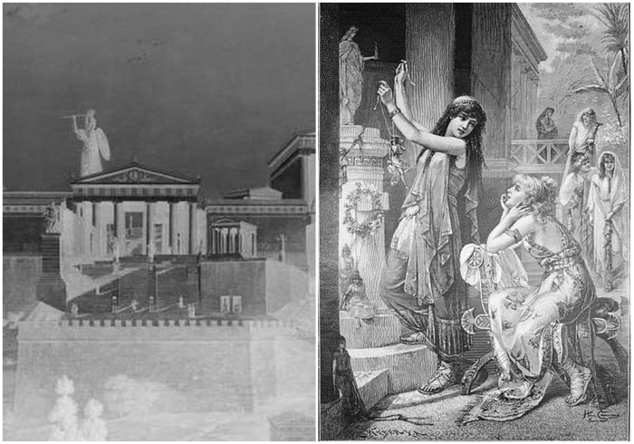 Слева направо: Реконструкция Парфенона на Афинском акрополе, Греция. \ Изображение 1887 года, на котором две римлянки приносят жертву богине Весте.
