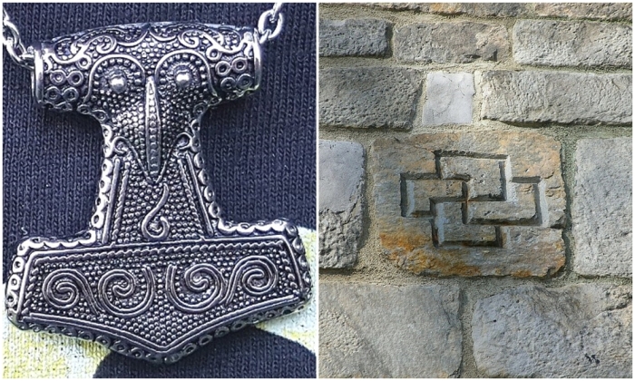 Слева направо: Молот Мьёльнир - один из главных символов германского неоязычества. \ Tursaansydan или tursan sydan, также называемый mursunsydan, является древним символом, используемым в Северной Европе. Символ берёт своё начало с доисторических времён.