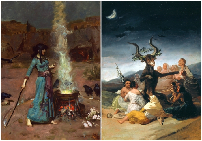 Слева направо:  Магический круг, Джон Уильям Уотерхауз, 1886 год. \ Шабаш ведьм в стране басков, Франсиско Гойя, 1797—1798 годы.