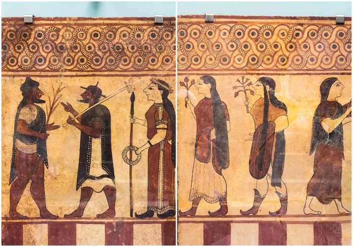 Парис принимает Гермеса, который ведет Афину, Геру и Афродиту. Роспись на терракотовых панелях, 560-550 годы до нашей эры.
