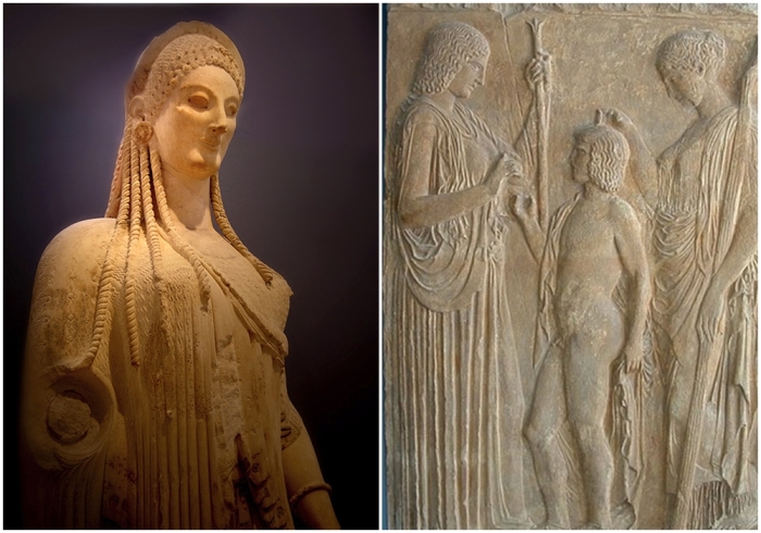 Слева направо: Кора, дочь Деметры, Музей Акрополя, Афины. \ Элевсинское трио: Персефона, Триптолем и Деметра на мраморном барельефе из Элевсина, 440-430 годы до н.э.
