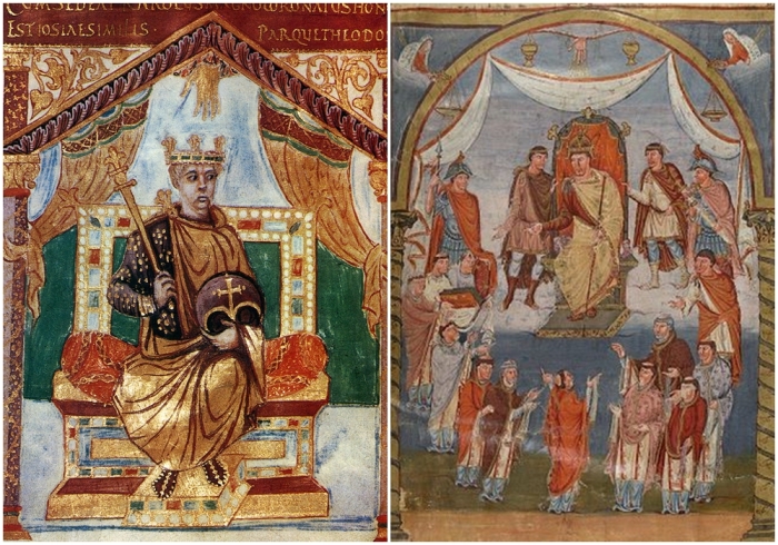 Слева направо: Карл Лысый — король Западно-Франкского королевства. \ Карл Лысый на престоле приветствует графа Вивиана и монахов монастыря Святого Мартина, принёсших ему рукопись. Миниатюра из «Библии Карла Лысого».