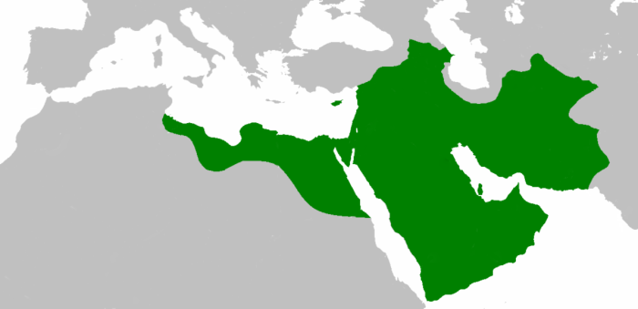 Халифат Рашидун достиг своего наибольшего размаха при халифе Усмане в 654 году. \ Фото: wikipedia.org.