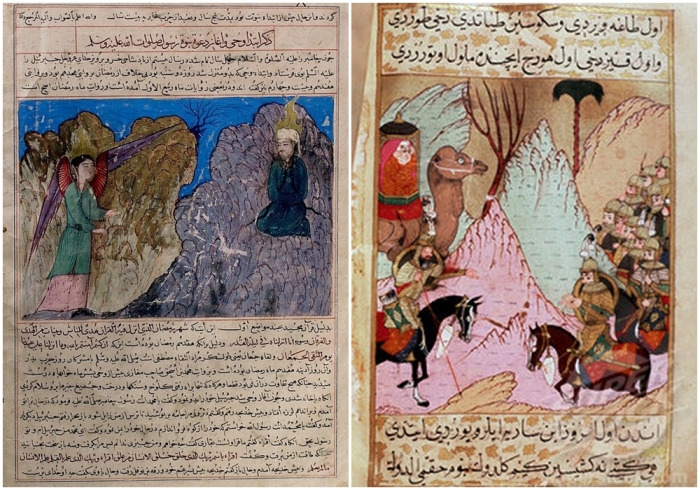 Слева направо: Призыв Мухаммеда к пророчеству и первое откровение от Маджму ат-Тавариха, ок. 1425 года. \ Вдова Мухаммеда, Аиша, сражается с четвёртым халифом Али в Верблюжей битве (миниатюра шестнадцатого века).