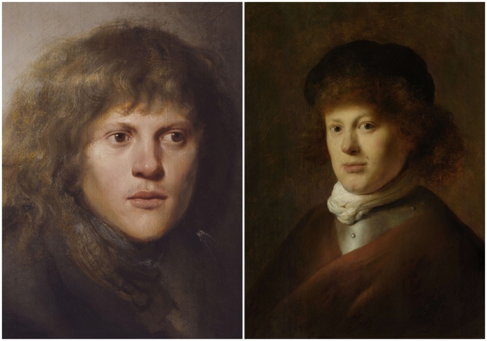 Слева направо: Ян Ливенс (Автопортрет, 1629—1630 гг.). \ Ян Ливенс, Рембрандт, ок. 1628 года.
