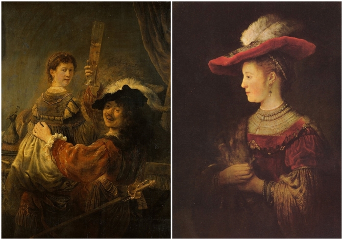 Слева направо: Блудный сын в таверне, 1635 год. \ Портрет Саскии в красной шляпе, 1633-1642 гг.
