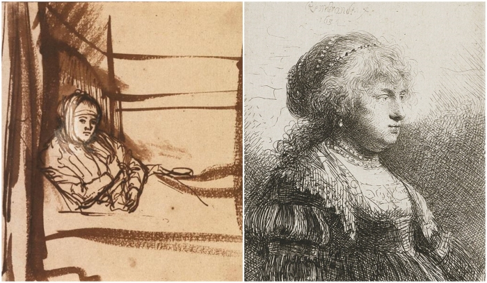 Слева направо: Саския, сидящая в кровати, 1638 год. \ Саския с жемчугом в волосах, 1634 год.