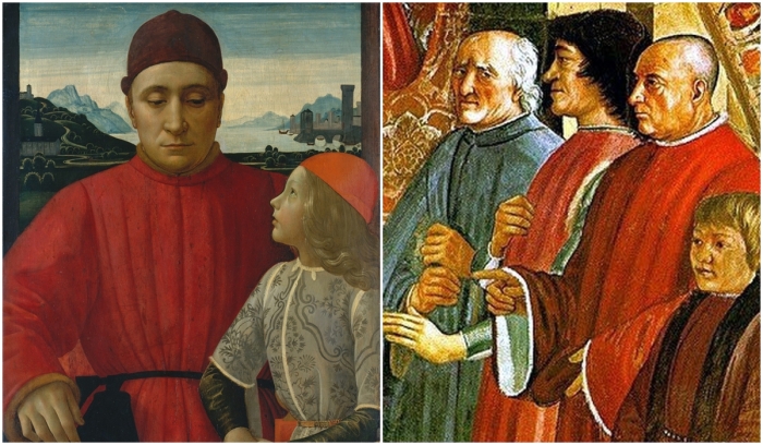 Слева направо: Франческо Сассетти со своим сыном Теодоро, работа Доменико Гирландайо. \ Сассетти — второй справа (лысеющий человек), рядом стоит его малолетний сын (фрагмент фрески в капелле Торнабуони в церкви Санта-Тринита во Флоренции).