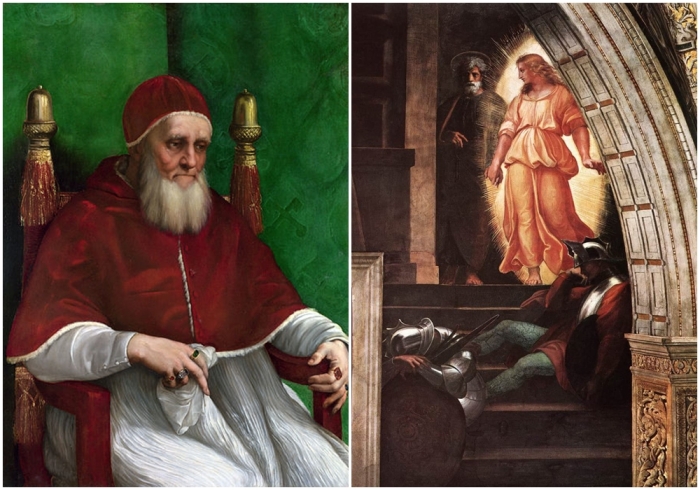 Слева направо: Портрет папы Юлия II, Рафаэль Санти, 1511 год (дерево, масло), Национальная галерея, Лондон. \ Освобождение Святого Петра из темницы, деталь фрески Станца дЭлиодоро, Рафаэль Санти, 1513—1514 годы.