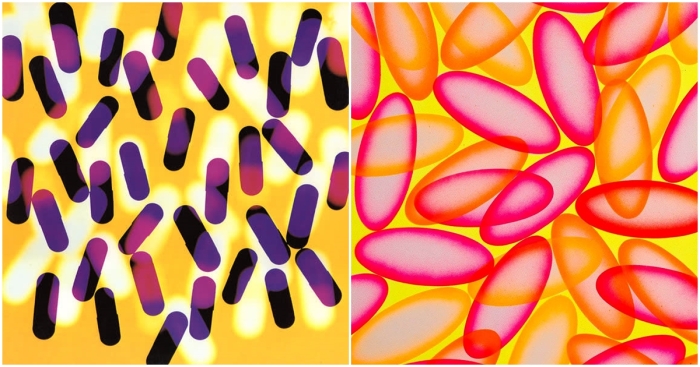 Слева направо: Оранжевые пилюли, Ричард Бернштейн, 1966 год. \ Пилюли (Жёлтый / Фиолетовый), Ричард Бернштейн, 1965 год.