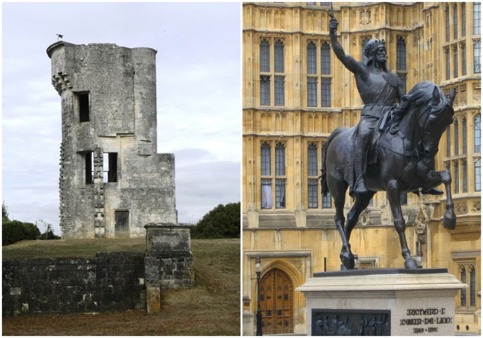 Слева направо: Замок Жоффруа де Ранкона Тельбур, здесь укрылся Ричард после того, как Генрих II захватил замок Сент и взял в плен 60 рыцарей и 400 оруженосцев. \ Памятник Ричарду I во дворе Вестминстерского дворца.