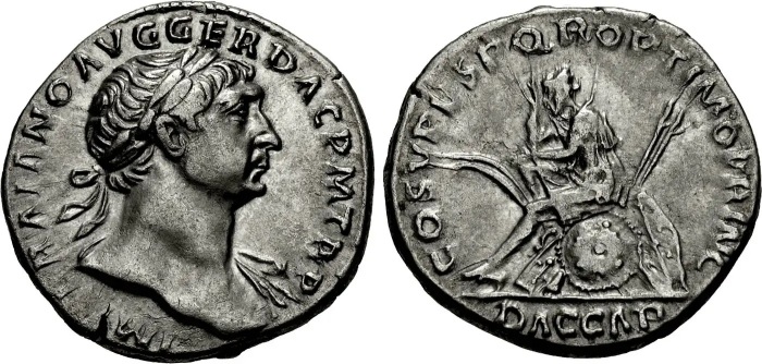Серебряная монета императора Траяна с портретом императора на аверсе и сидящим дакийским пленником на реверсе, ок. 108-109 гг. н.э. \ Фото: google.com.
